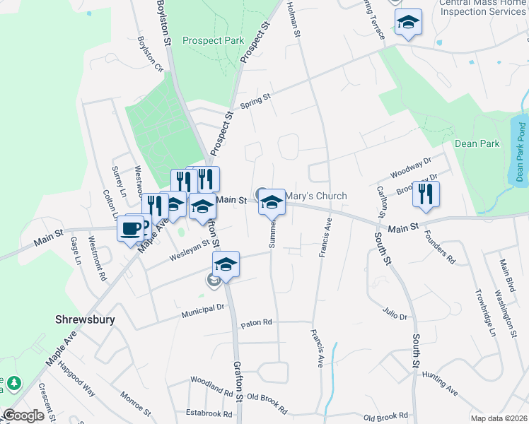 map of restaurants, bars, coffee shops, grocery stores, and more near 14 Summer Street in Shrewsbury