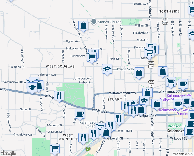 map of restaurants, bars, coffee shops, grocery stores, and more near 440 Douglas Avenue in Kalamazoo