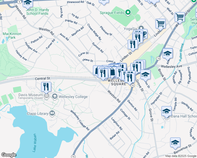 map of restaurants, bars, coffee shops, grocery stores, and more near 106-108 Central St in Wellesley