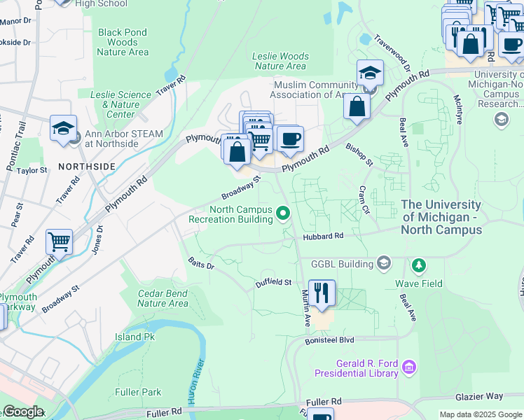 map of restaurants, bars, coffee shops, grocery stores, and more near 1770 Broadway Street in Ann Arbor