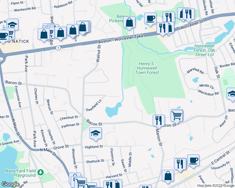 map of restaurants, bars, coffee shops, grocery stores, and more near 19 Roundwood Road in Natick