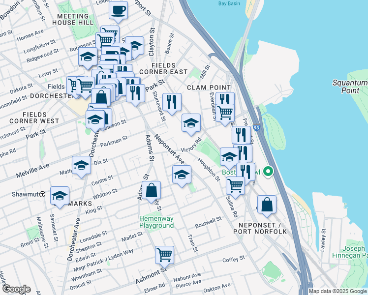map of restaurants, bars, coffee shops, grocery stores, and more near 80 Neponset Avenue in Boston