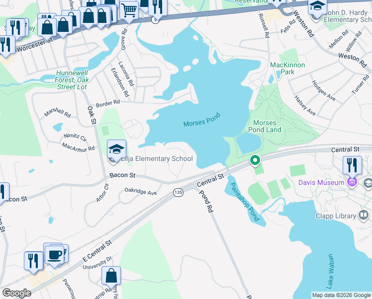 map of restaurants, bars, coffee shops, grocery stores, and more near 32R College Road in Wellesley