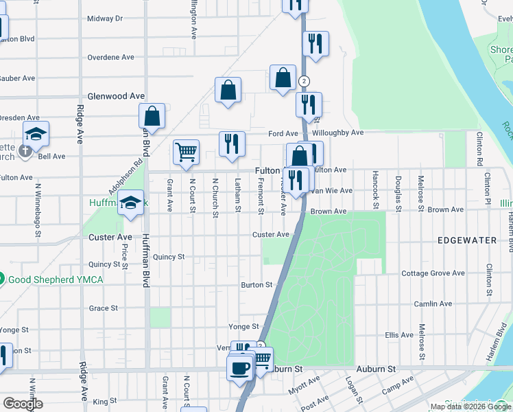 map of restaurants, bars, coffee shops, grocery stores, and more near 2123 Latham Street in Rockford