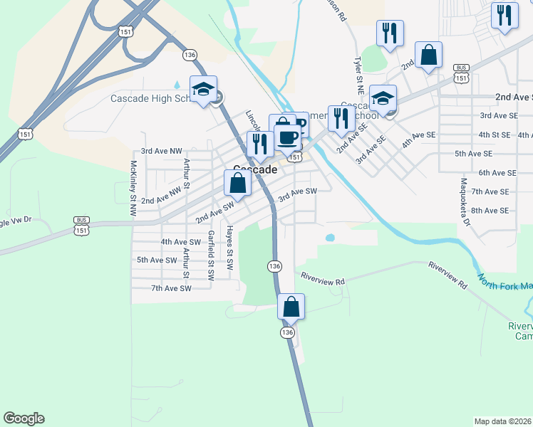 map of restaurants, bars, coffee shops, grocery stores, and more near 310 Johnson Street Southwest in Cascade