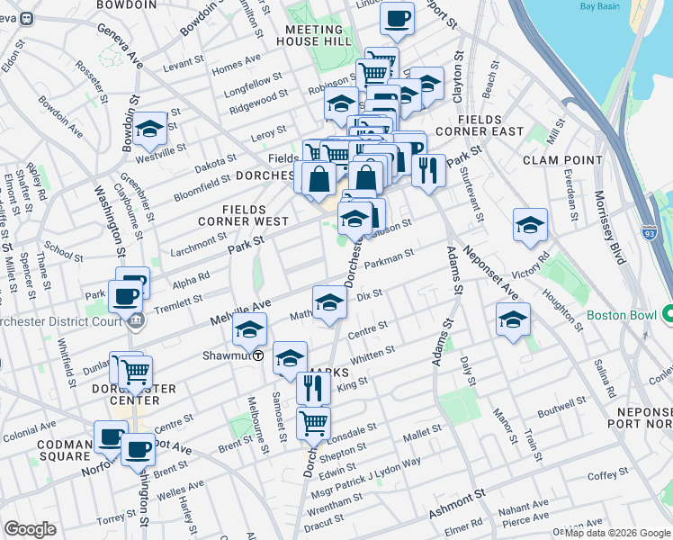 map of restaurants, bars, coffee shops, grocery stores, and more near 6 Silloway Street in Boston