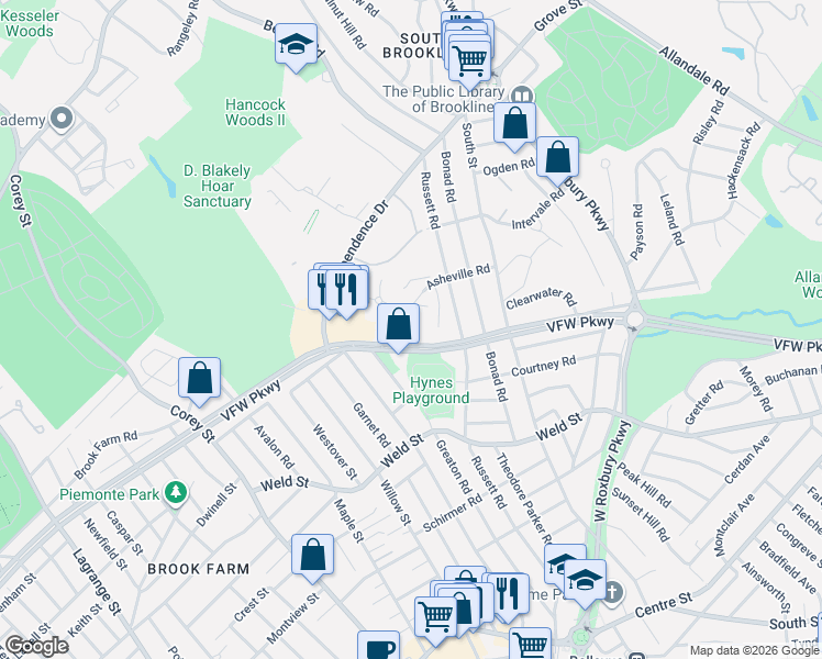 map of restaurants, bars, coffee shops, grocery stores, and more near 549 VFW Parkway in Boston