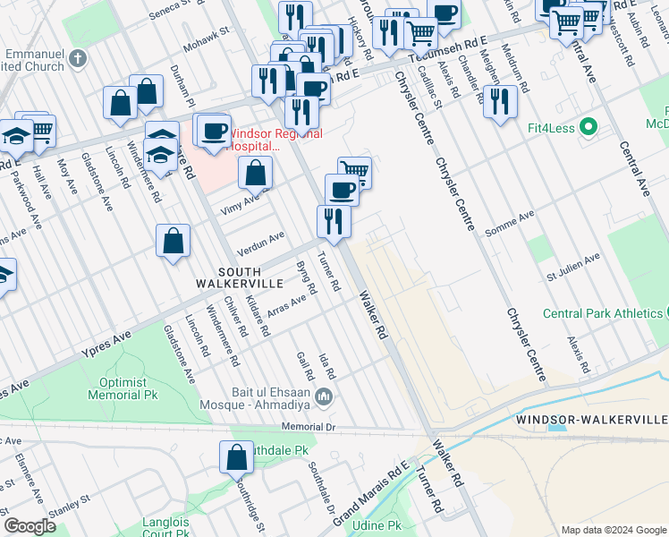 map of restaurants, bars, coffee shops, grocery stores, and more near 2446 Turner Road in Windsor