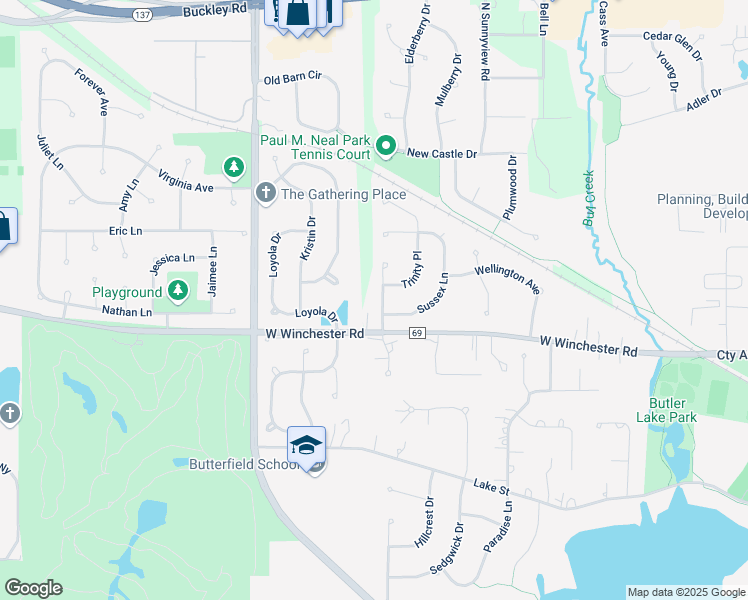 map of restaurants, bars, coffee shops, grocery stores, and more near 1102 Sussex Lane in Libertyville