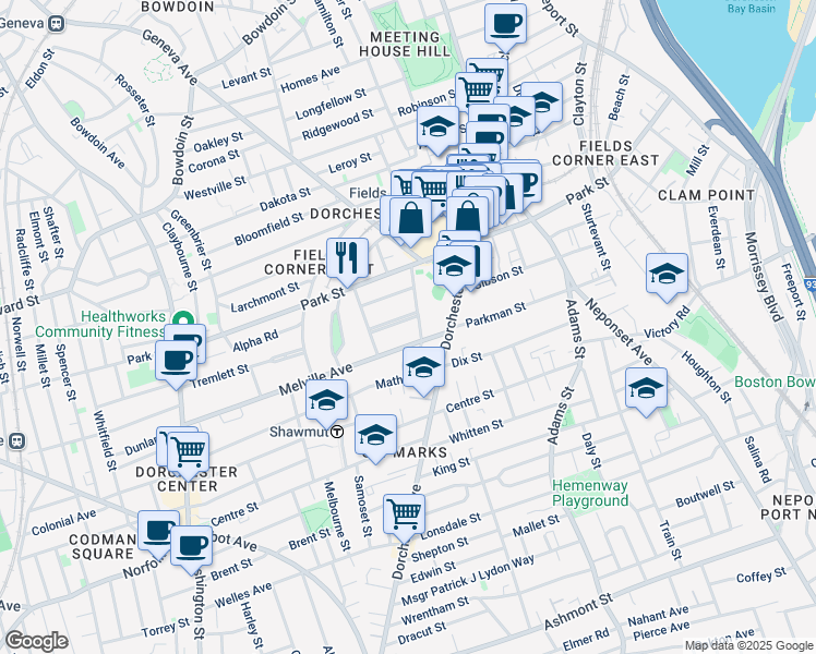 map of restaurants, bars, coffee shops, grocery stores, and more near 6 Silloway Street in Boston