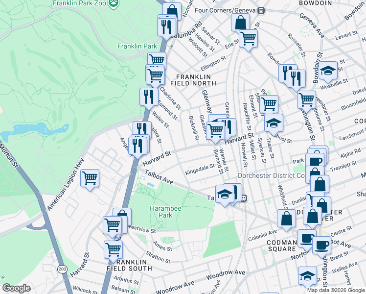map of restaurants, bars, coffee shops, grocery stores, and more near 57-59 Nightingale Street in Boston