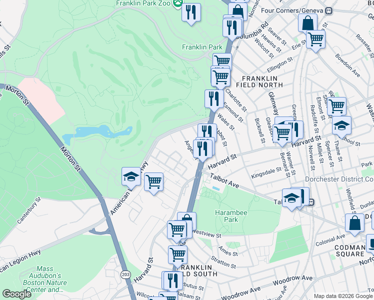 map of restaurants, bars, coffee shops, grocery stores, and more near 19 Shandon Road in Boston