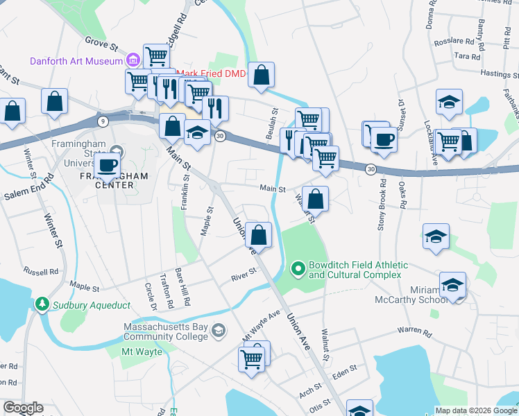 map of restaurants, bars, coffee shops, grocery stores, and more near 21 Prescott Street in Framingham