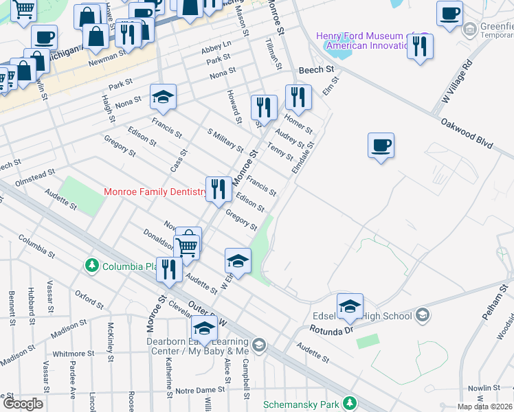 map of restaurants, bars, coffee shops, grocery stores, and more near 21501 Edison Street in Dearborn