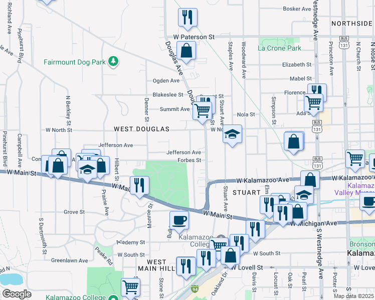 map of restaurants, bars, coffee shops, grocery stores, and more near 1121 Forbes Street in Kalamazoo