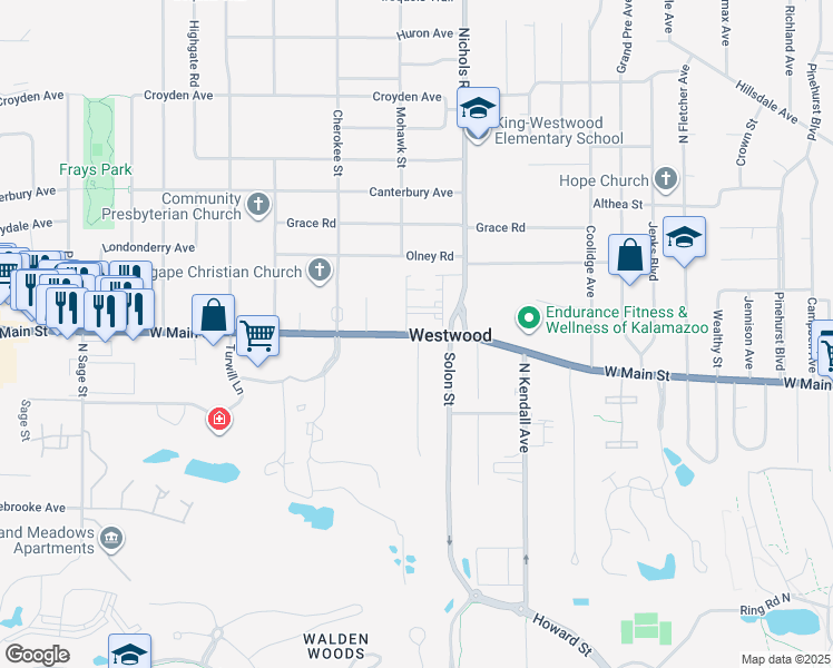 map of restaurants, bars, coffee shops, grocery stores, and more near 412 Sabin Street in Kalamazoo