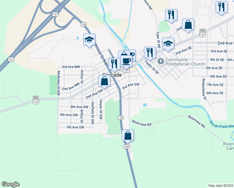 map of restaurants, bars, coffee shops, grocery stores, and more near 310 Johnson Street Southwest in Cascade