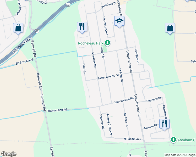 map of restaurants, bars, coffee shops, grocery stores, and more near 12042 Maisonneuve Street in Tecumseh