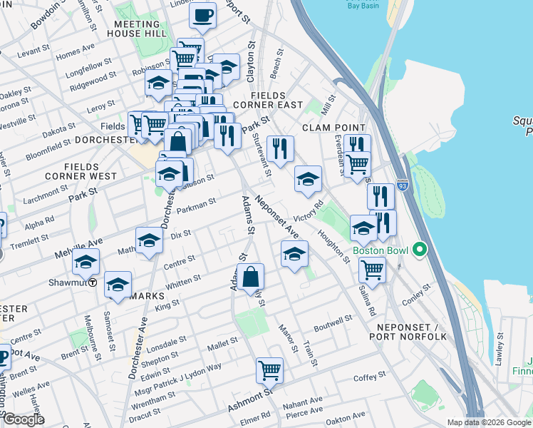 map of restaurants, bars, coffee shops, grocery stores, and more near 16 Train Street in Boston