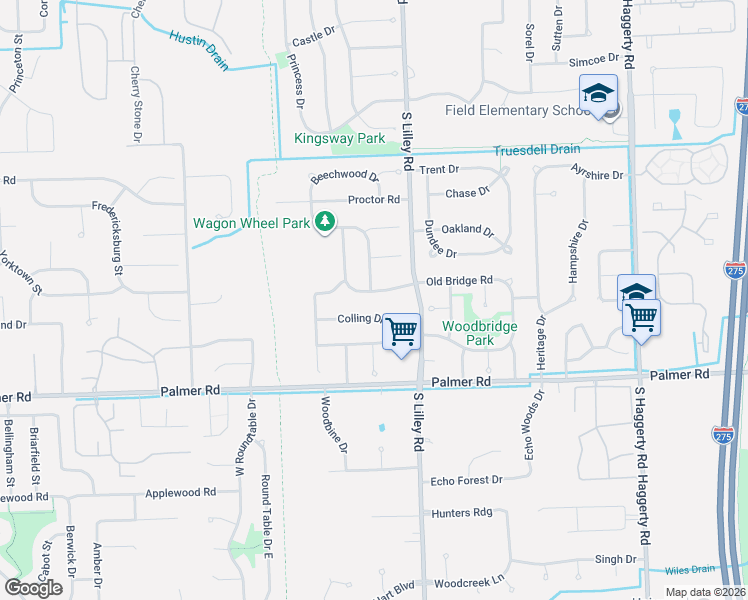 map of restaurants, bars, coffee shops, grocery stores, and more near 42526 Colling Drive in Canton