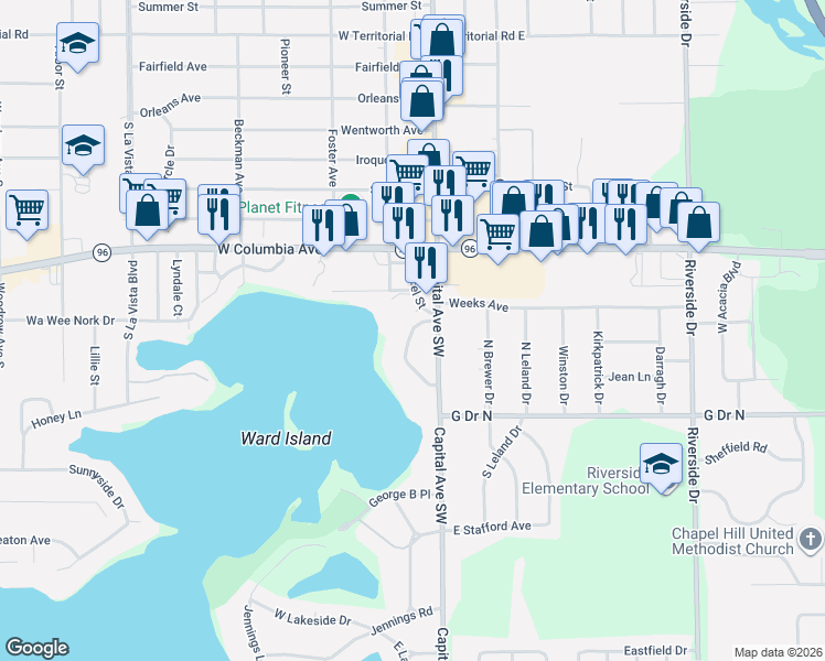 map of restaurants, bars, coffee shops, grocery stores, and more near 15 Hiawatha Drive in Battle Creek