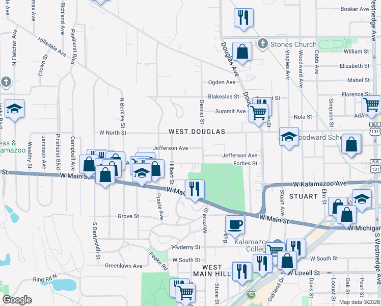 map of restaurants, bars, coffee shops, grocery stores, and more near 1415 Forbes Street in Kalamazoo