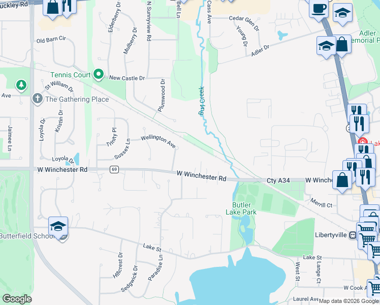 map of restaurants, bars, coffee shops, grocery stores, and more near 1010 West Winchester Road in Libertyville
