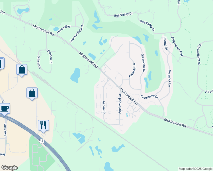 map of restaurants, bars, coffee shops, grocery stores, and more near 2102 Aspen Drive in Woodstock