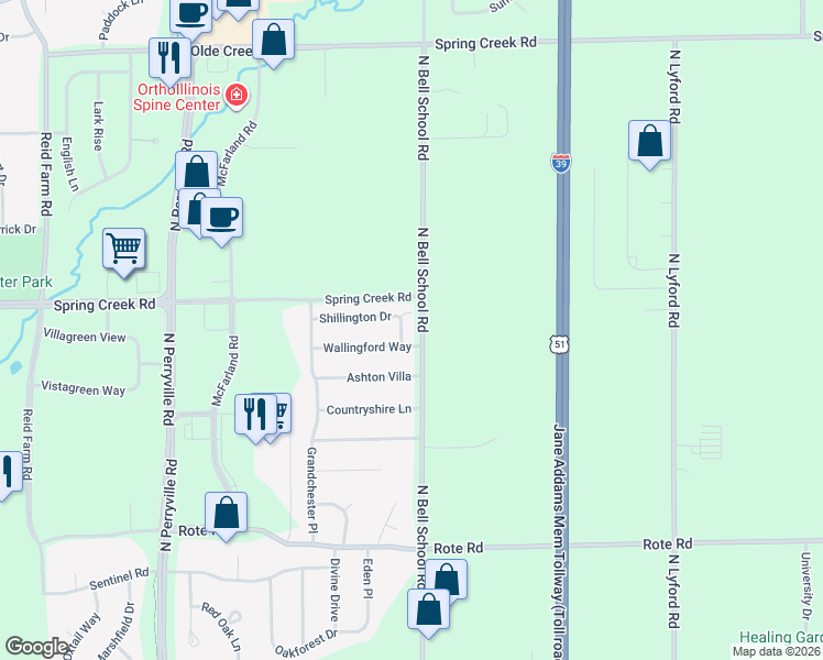 map of restaurants, bars, coffee shops, grocery stores, and more near 7435 Wallingford Way in Rockford