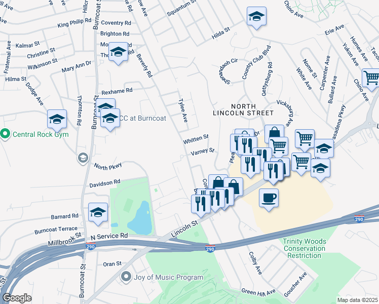 map of restaurants, bars, coffee shops, grocery stores, and more near 1 Varney Street in Worcester
