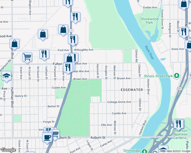 map of restaurants, bars, coffee shops, grocery stores, and more near 2202 Hancock Street in Rockford