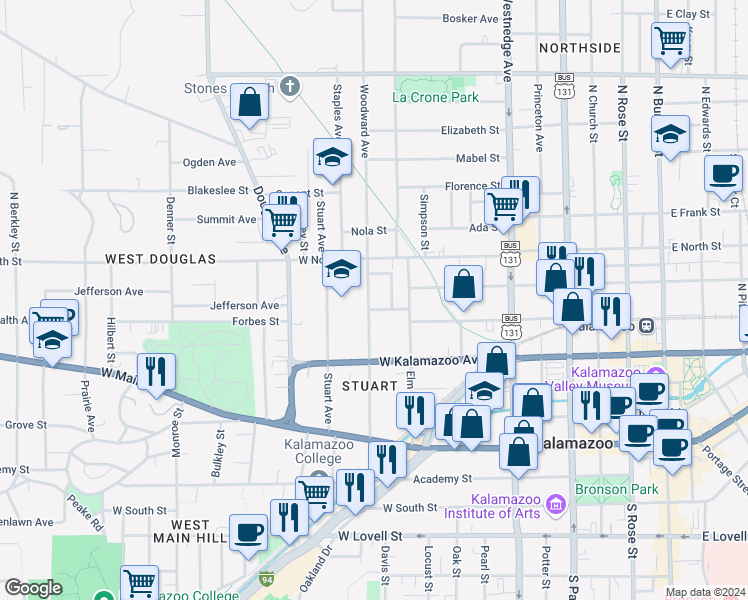 map of restaurants, bars, coffee shops, grocery stores, and more near 522 Woodward Avenue in Kalamazoo
