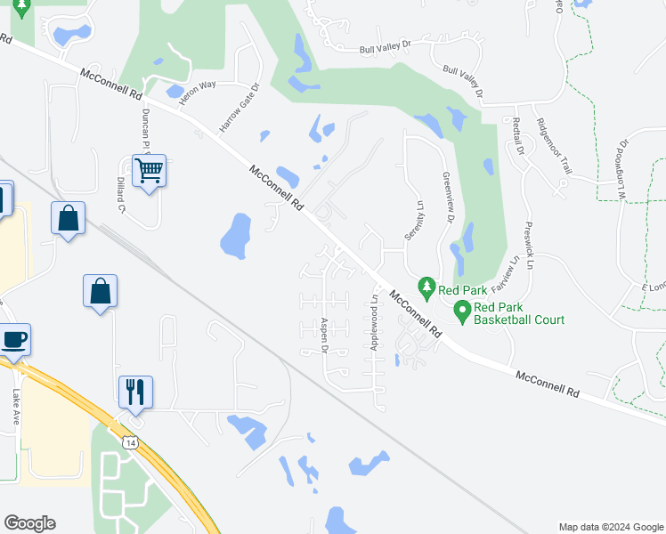 map of restaurants, bars, coffee shops, grocery stores, and more near 2026 Aspen Drive in Woodstock