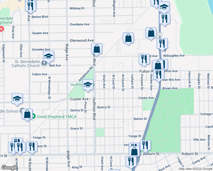 map of restaurants, bars, coffee shops, grocery stores, and more near 2211 Grant Avenue in Rockford