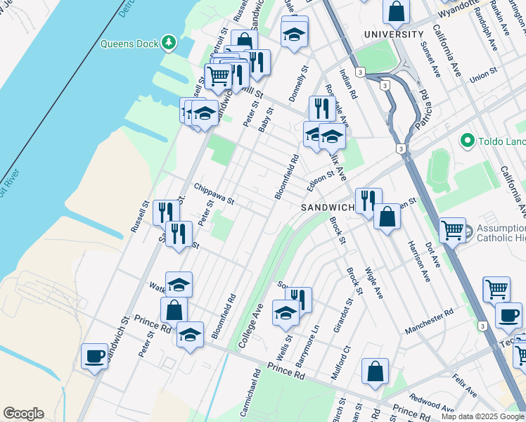 map of restaurants, bars, coffee shops, grocery stores, and more near 666 Chippawa Street in Windsor