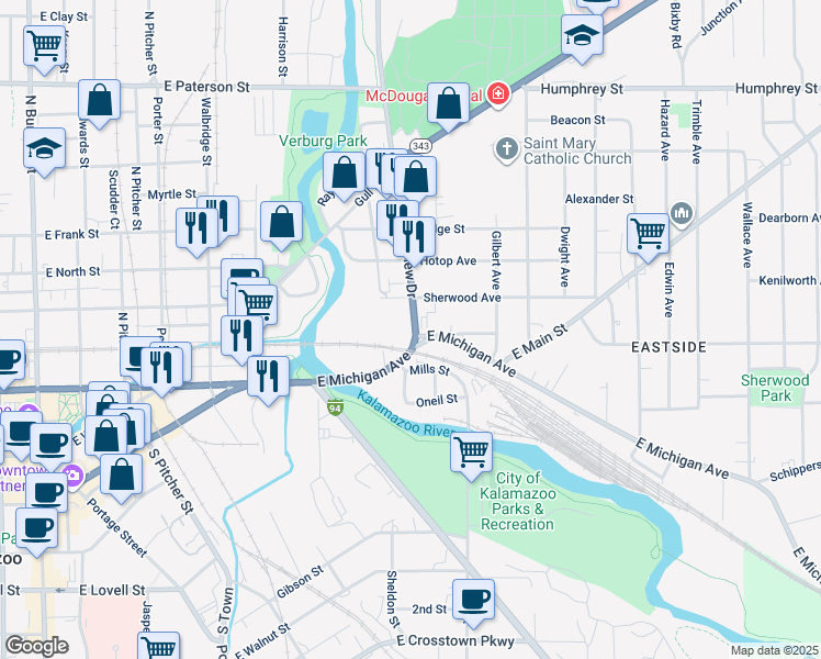 map of restaurants, bars, coffee shops, grocery stores, and more near 433 Riverview Drive in Kalamazoo