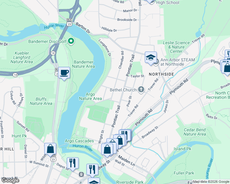 map of restaurants, bars, coffee shops, grocery stores, and more near 607 Indianola Avenue in Ann Arbor