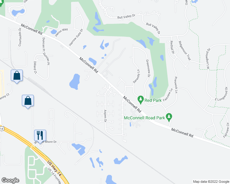 map of restaurants, bars, coffee shops, grocery stores, and more near 2006 Aspen Drive in Woodstock