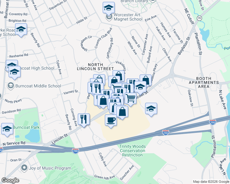 map of restaurants, bars, coffee shops, grocery stores, and more near in Worcester