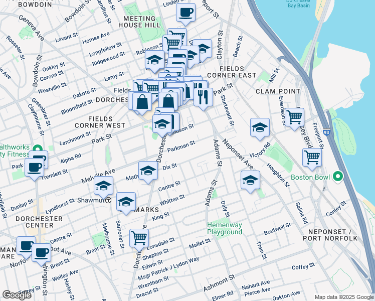 map of restaurants, bars, coffee shops, grocery stores, and more near 24 Parkman Street in Boston