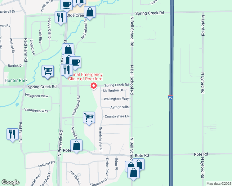 map of restaurants, bars, coffee shops, grocery stores, and more near 7360 Shillington Drive in Rockford