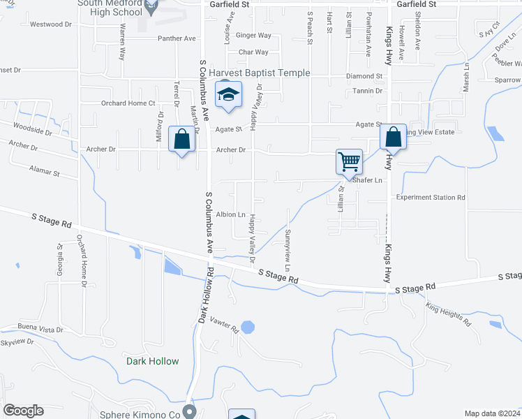 map of restaurants, bars, coffee shops, grocery stores, and more near 2375 Happy Valley Drive in Medford