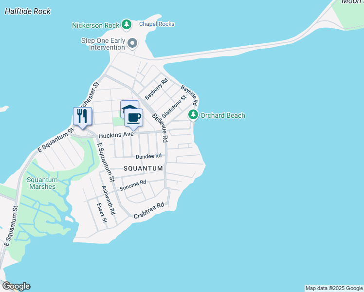 map of restaurants, bars, coffee shops, grocery stores, and more near 33 Sunrise Road in Quincy