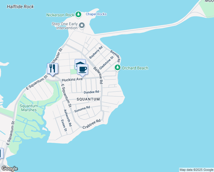 map of restaurants, bars, coffee shops, grocery stores, and more near 33 Sunrise Road in Quincy