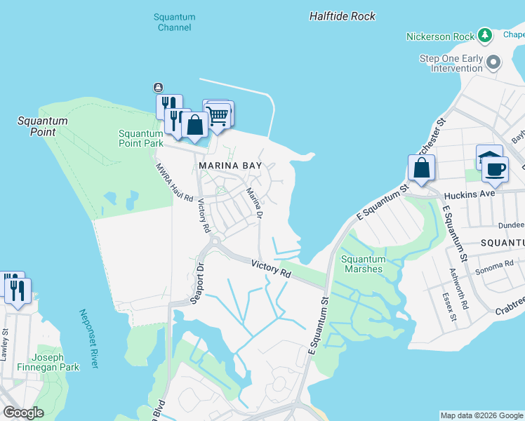 map of restaurants, bars, coffee shops, grocery stores, and more near 25 Harbourside Road in Quincy