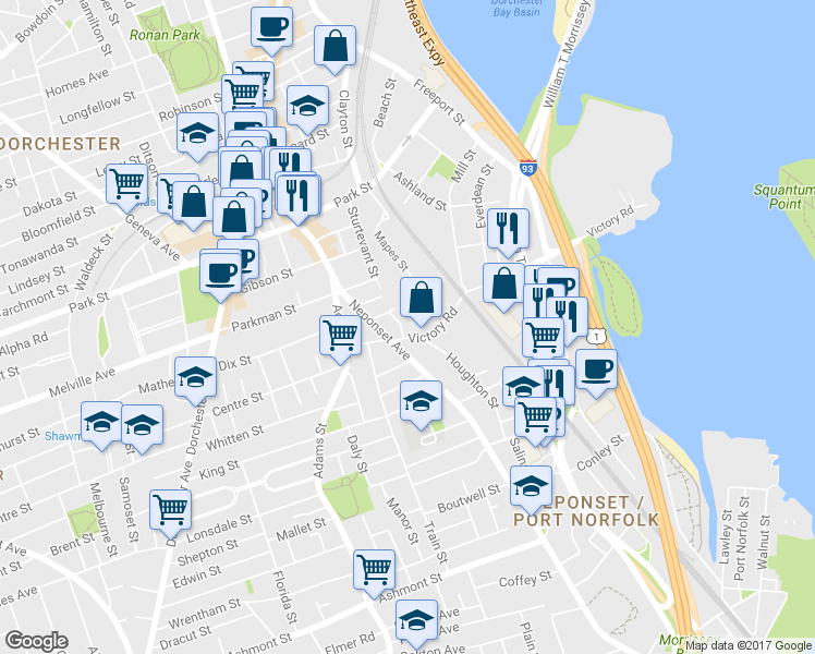 map of restaurants, bars, coffee shops, grocery stores, and more near 70 Victory Road in Boston