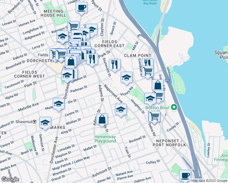 map of restaurants, bars, coffee shops, grocery stores, and more near 7 Saco Street in Boston
