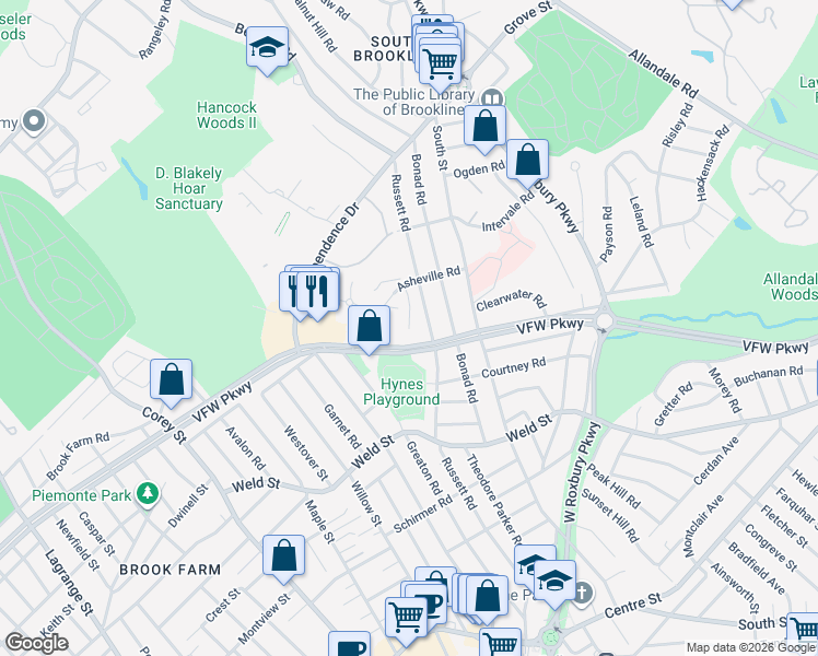 map of restaurants, bars, coffee shops, grocery stores, and more near 93 Asheville Road in Brookline
