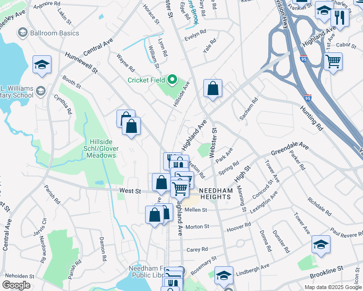 map of restaurants, bars, coffee shops, grocery stores, and more near 757 Highland Avenue in Needham