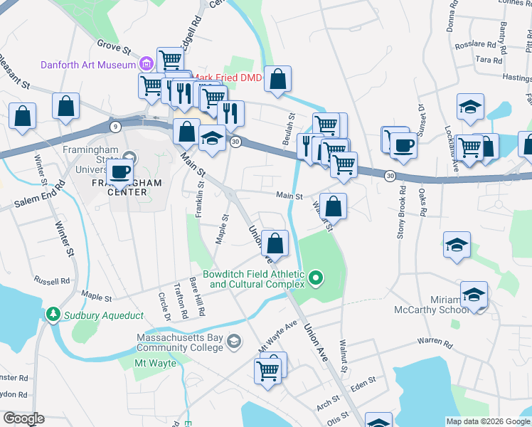 map of restaurants, bars, coffee shops, grocery stores, and more near 69 Main Street in Framingham